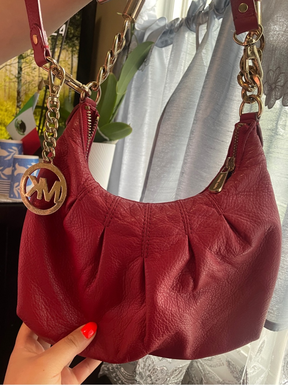 Michael Kors Red Leather Shoulder Bag with Gold Hardware